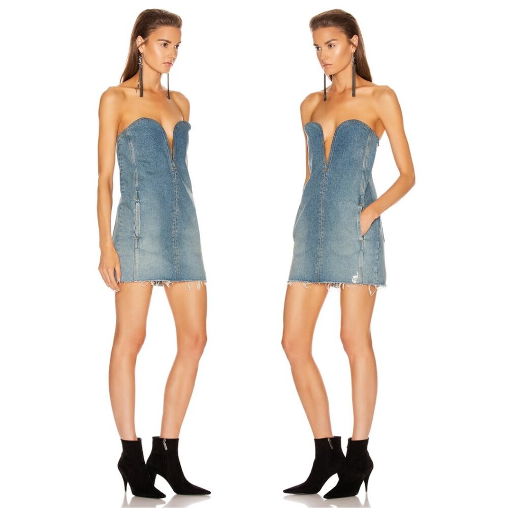 NWT Saint Laurent Bustier Denim Mini Dress Blue Sz S Strapless Raw Frayed Hem